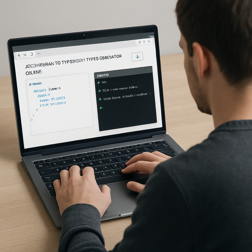 A developer sitting at a laptop, opening a downloaded TypeScript file from a JSON schema generator, with a terminal showing tsc compilation results. Alt: json schema to typescript types generator online integration illustration.