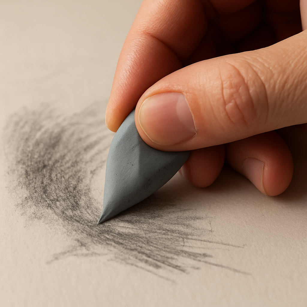 A close‑up of a hand shaping a kneaded eraser into a fine point, with graphite smudges being lifted from a sketchbook page. Alt: Choosing the right kneaded eraser for precise graphite lifting.