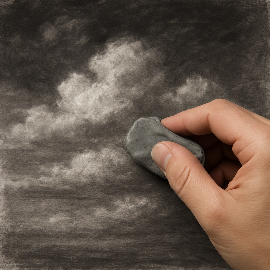 A hand shaping a kneaded eraser into a flat texture brush, pressing on a charcoal sky to create clouds. Alt: kneaded eraser advanced texture technique