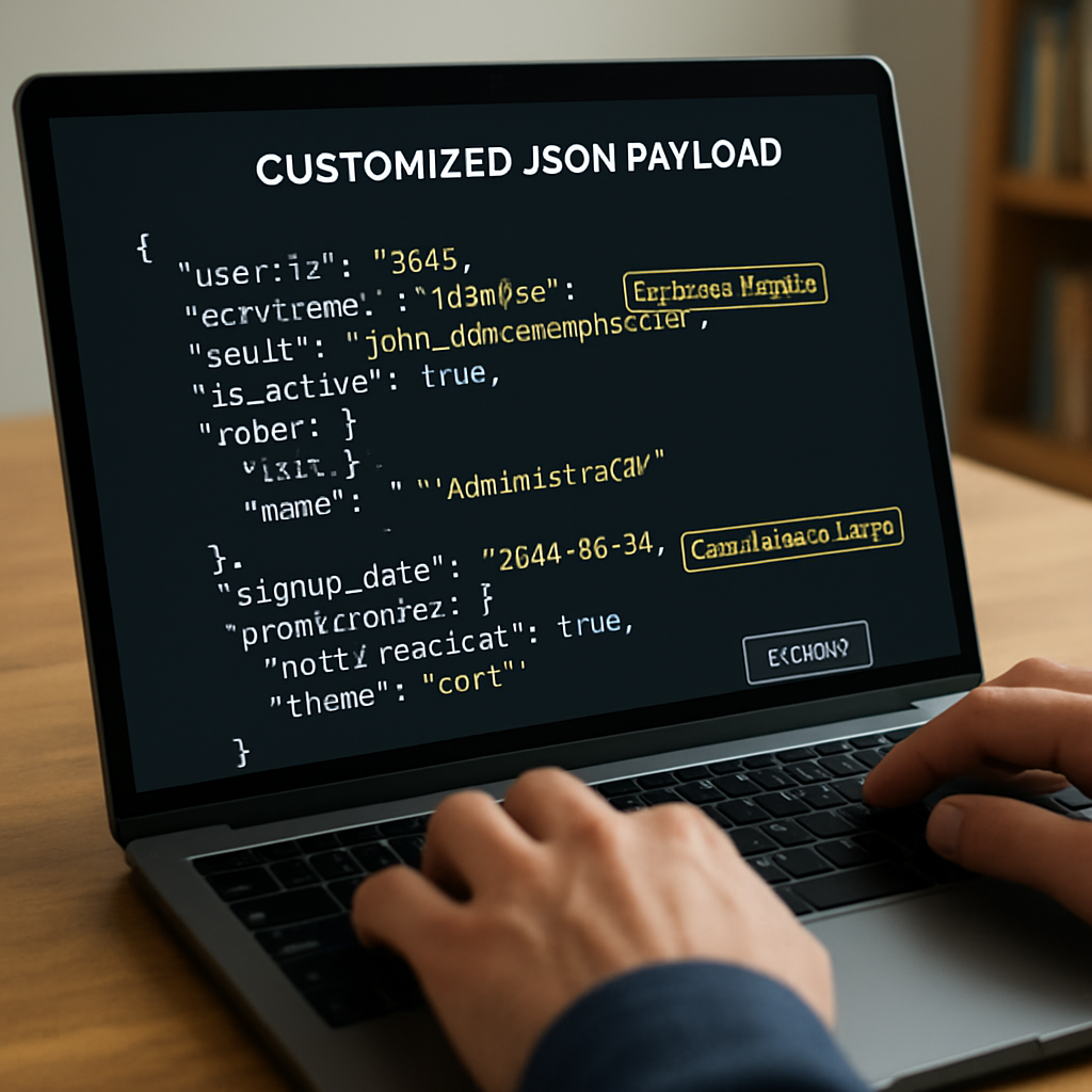A developer reviewing a customized JSON payload on a laptop, with highlighted fields showing custom prefixes, conditional logic, and export options. Alt: mock data customization and export guide illustration.