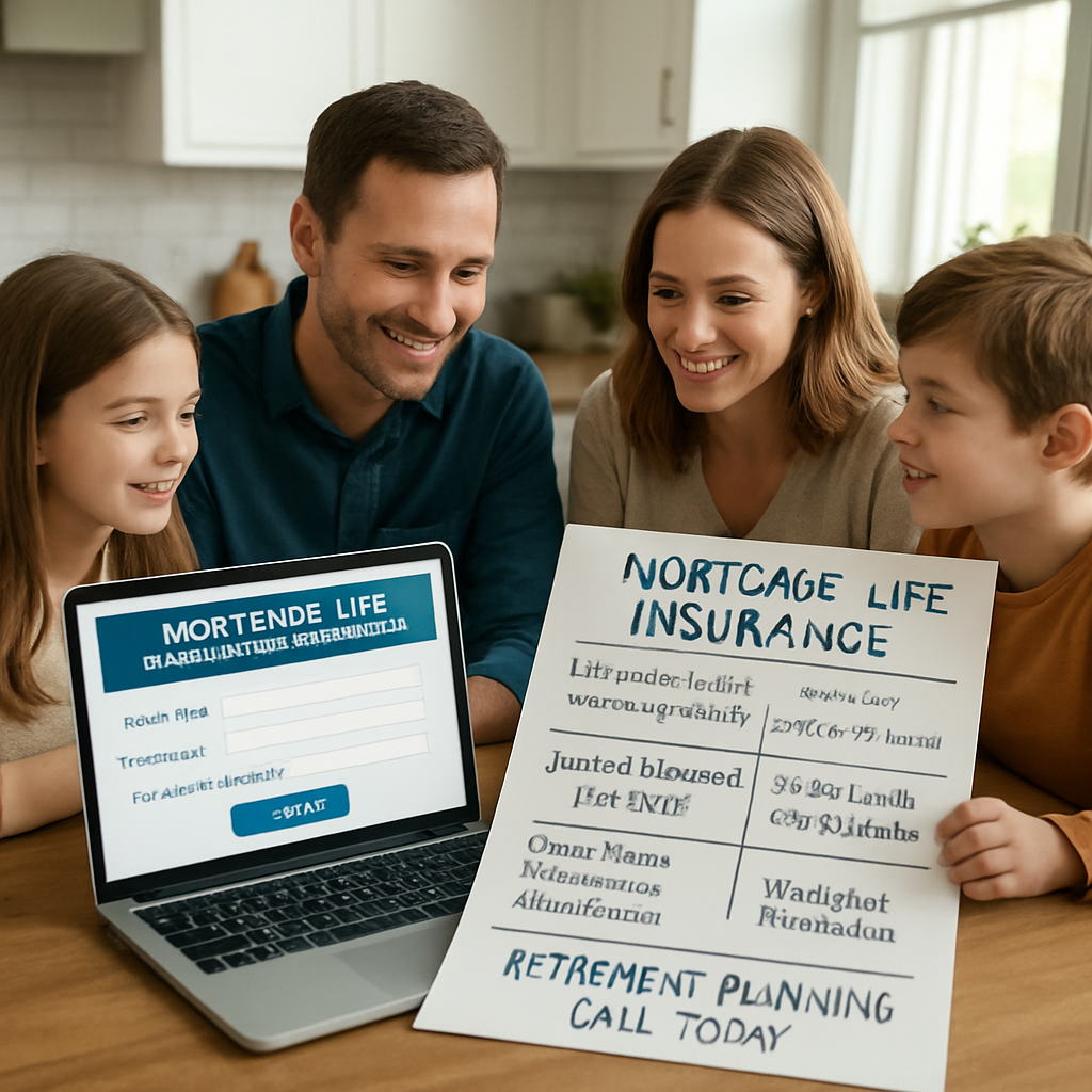 A photorealistic scene of a family gathered around a kitchen table, laptop open to a mortgage life insurance cost calculator, handwritten comparison chart beside it, showing different policy options and premium ranges. Alt: mortgage life insurance cost calculator comparison chart at kitchen table