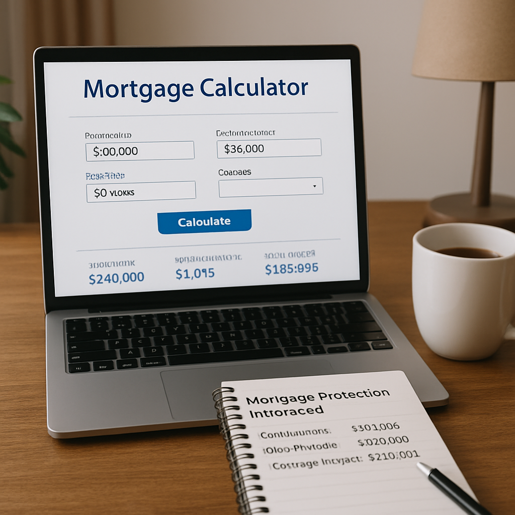 A calm home office scene with a laptop open to a mortgage calculator, a coffee mug, and a notepad showing mortgage details. Alt: mortgage protection insurance cost calculator worksheet