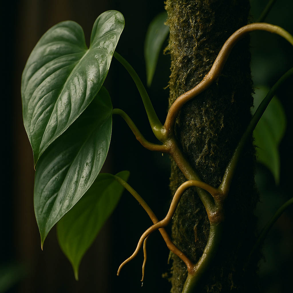 Close-up of a philodendron with aerial roots gripping a moist moss pole. Alt: Healthy philodendron climbing a moss pole for philodendron with visible aerial roots and damp moss.