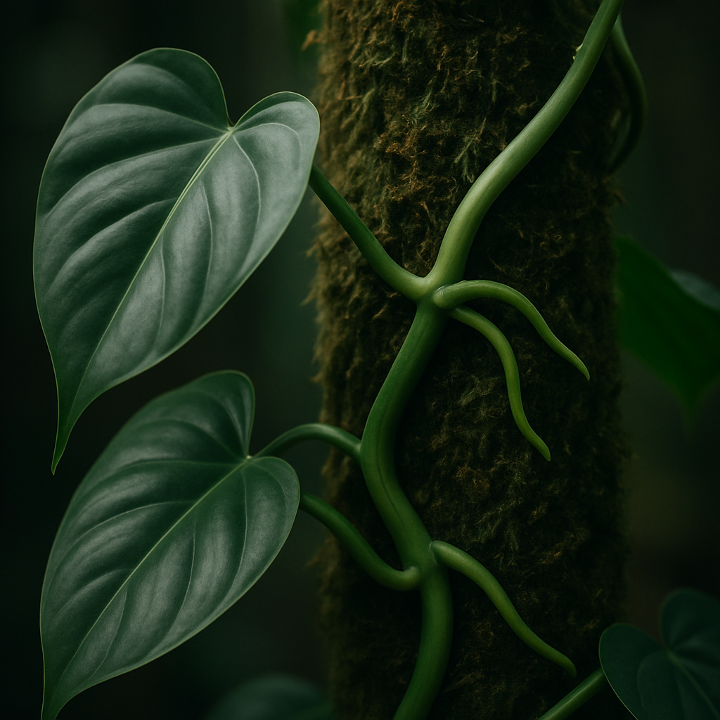 A close-up of a philodendron climbing a moist moss pole with healthy green aerial roots gripping softly. Alt: Philodendron climbing moss pole with healthy aerial roots gripping tightly.