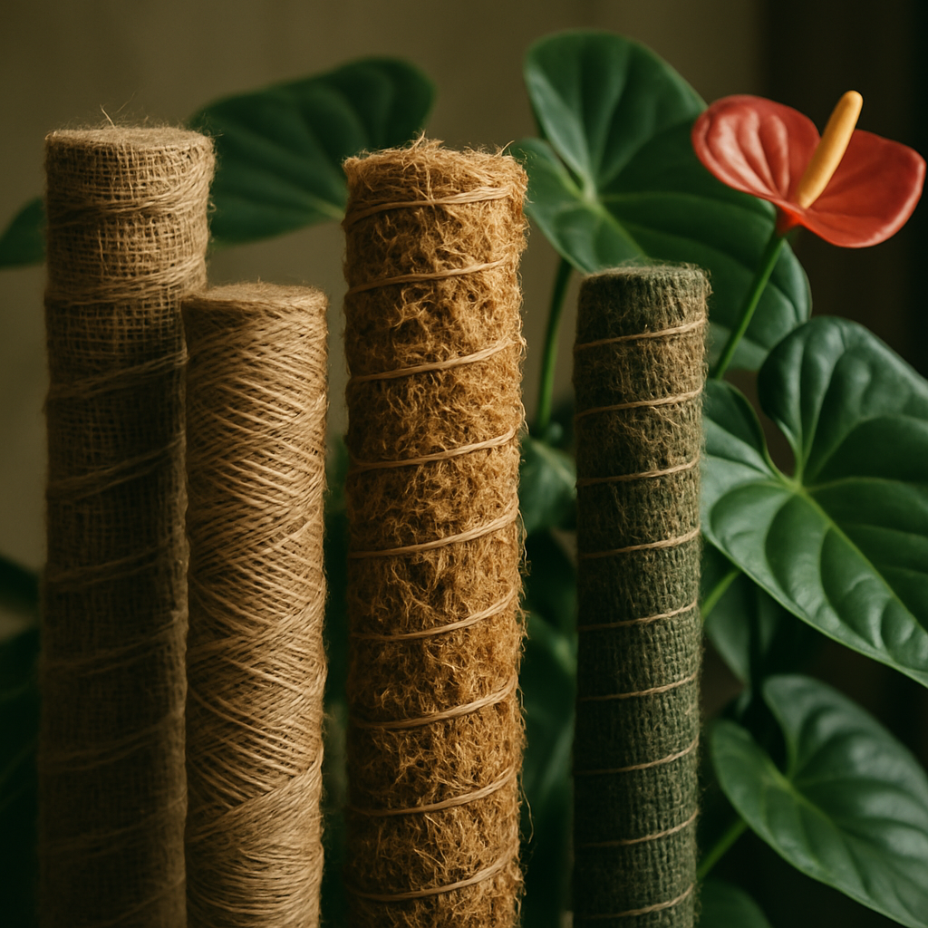 A close-up photo of different moss poles of varying sizes and materials near a thriving anthurium plant. Alt: Choosing the right moss pole for healthy climbing Anthurium and aroids.