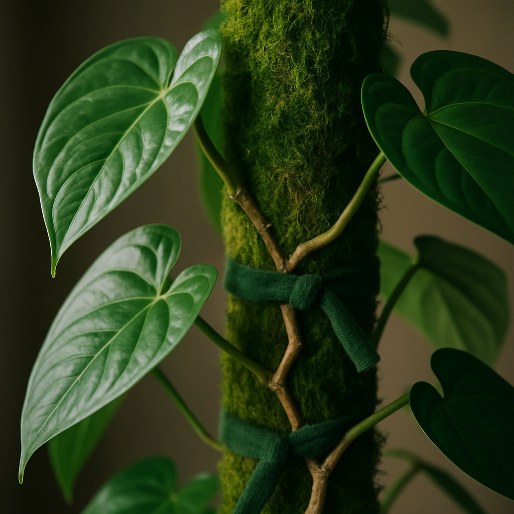 A close-up image of a lush Anthurium climbing a damp green moss pole with soft fabric ties, showing aerial roots gripping the moss. Alt: How to use a moss pole with healthy Anthurium growth and well-maintained moss pole.
