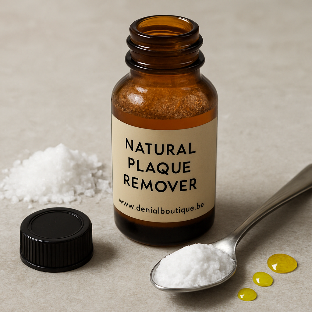 A close‑up of a small amber glass bottle filled with a clear, slightly frothy natural plaque remover mixture, surrounded by a pinch of sea salt, a spoon of baking soda, and a few drops of CBD oil. Alt: Natural plaque remover for teeth bottle with ingredients.