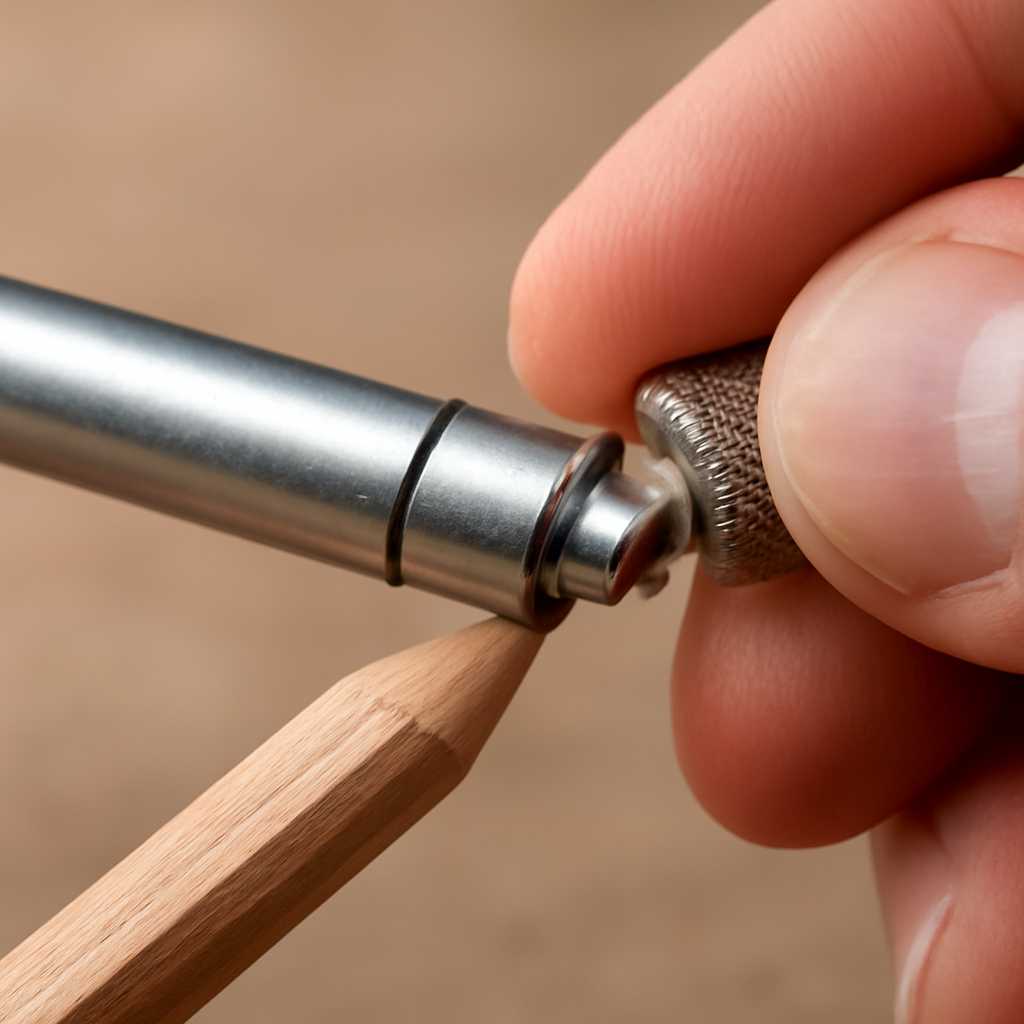 A close‑up of a hand attaching a metal pencil extender to a wooden pencil, showing the tension knob being turned. Alt: How to attach a pencil extender securely for stable drawing.