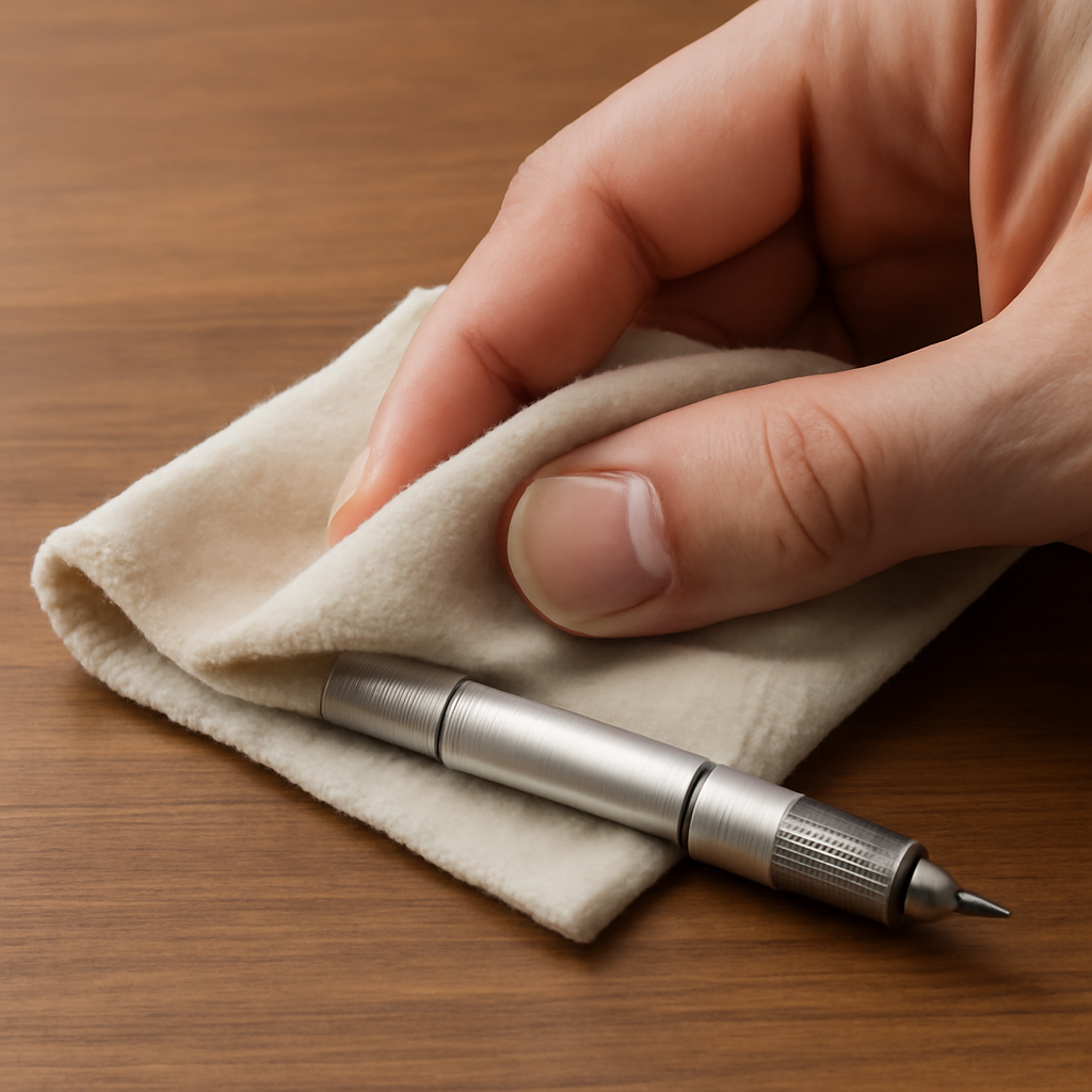 A close‑up of a hand gently wiping a metal pencil extender with a soft cloth on a wooden desk. Alt: Clean and well‑maintained pencil extender for steady drawing.