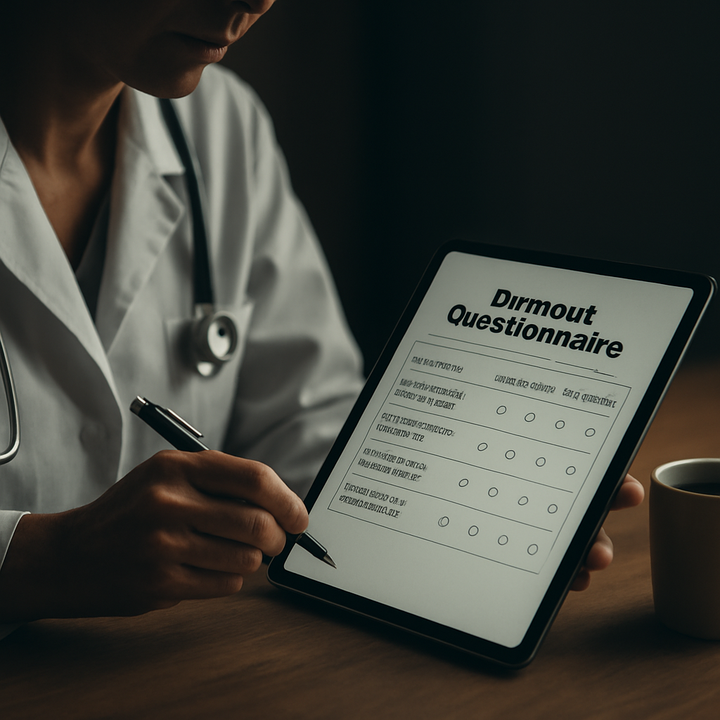 A clinician sitting at a desk, pen in hand, filling out a burnout questionnaire on a tablet, with a coffee mug nearby. Alt: physician using a burnout questionnaire to track wellbeing