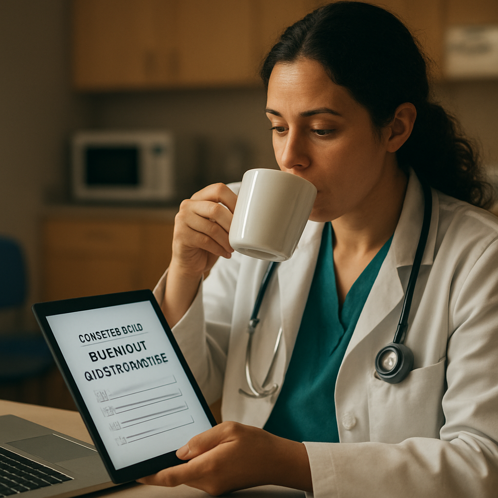 A clinician in a hospital break room, laptop open, filling out a confidential burnout questionnaire on a tablet while sipping coffee. Alt: Physician completing a burnout survey on a tablet in a relaxed setting.