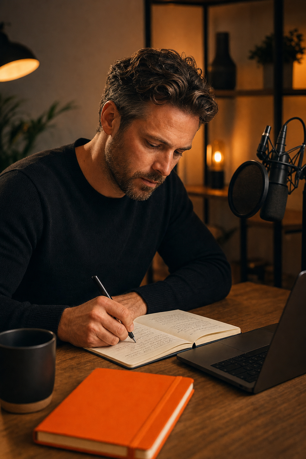 Cinematic scene of a focused SaaS founder at a minimal desk, handwriting a detailed member profile in a notebook, with a podcast microphone visible in the background, warm amber lighting, brand accent color #FF6B00 visible in a notebook cover detail. Alt: SaaS founder defining ideal mastermind member profile before recording a recruitment podcast.