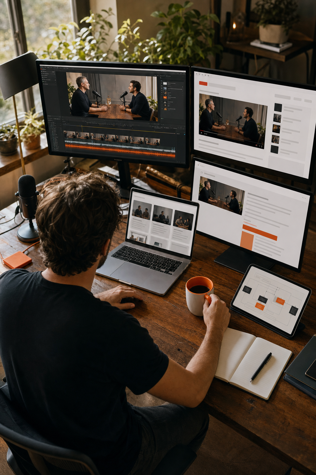Cinematic overhead shot of a SaaS founder's workspace with multiple screens showing podcast clips being repurposed across LinkedIn, YouTube, and a newsletter dashboard, natural light from a window, warm tones with an orange accent detail on a mug. Alt: SaaS founder repurposing podcast episodes across channels to recruit mastermind members.