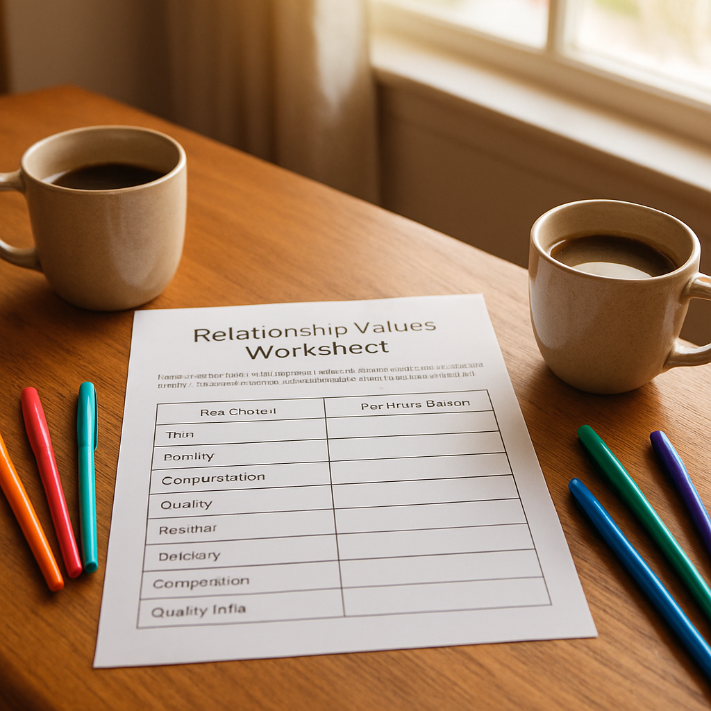 A cozy kitchen table with a printed relationship values worksheet PDF, two cups of coffee, and colorful pens spread out, warm morning light streaming through the window. Alt: relationship values worksheet pdf on a kitchen table with coffee and pens.