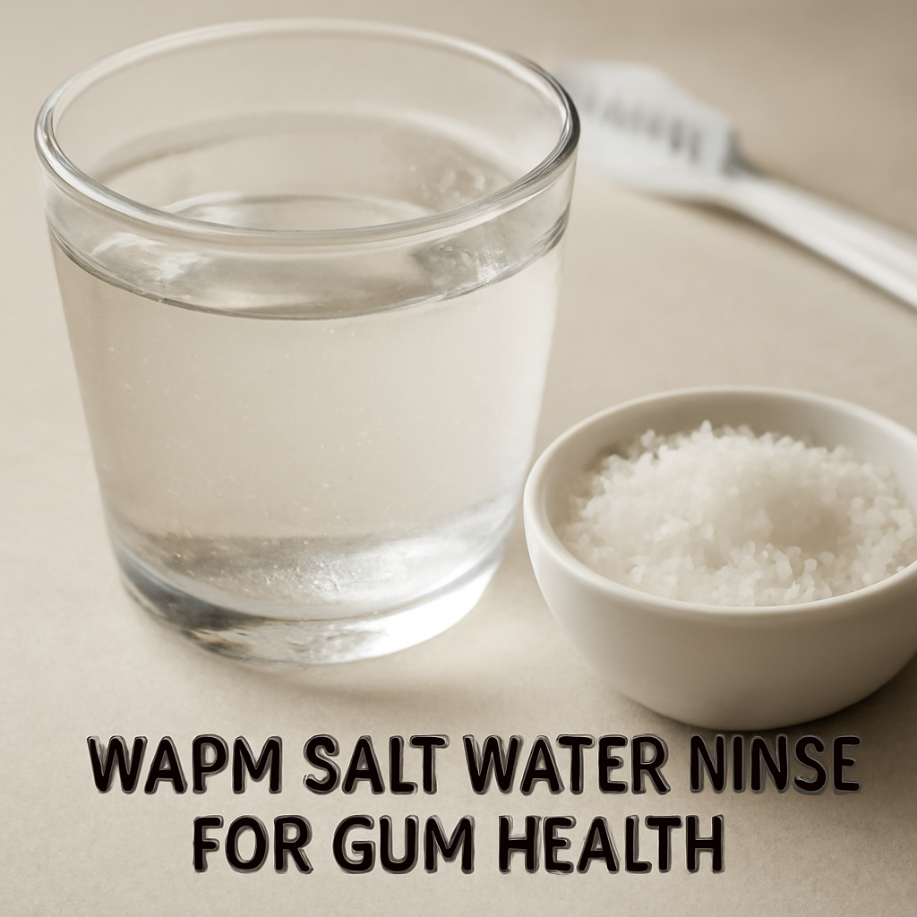 A close‑up of a warm glass of salt water next to a cup of sea salt, with a subtle dental brush in the background. Alt: Warm salt water rinse for gum health