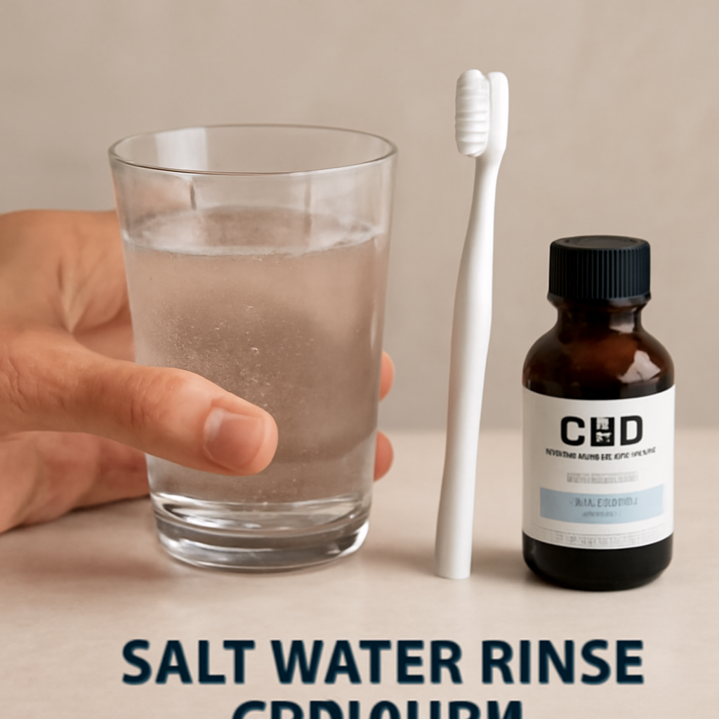 A hand holding a glass of warm salt water next to a toothbrush and a small bottle of CBD mouthwash. Alt: Salt water rinse for gums combined with oral care products