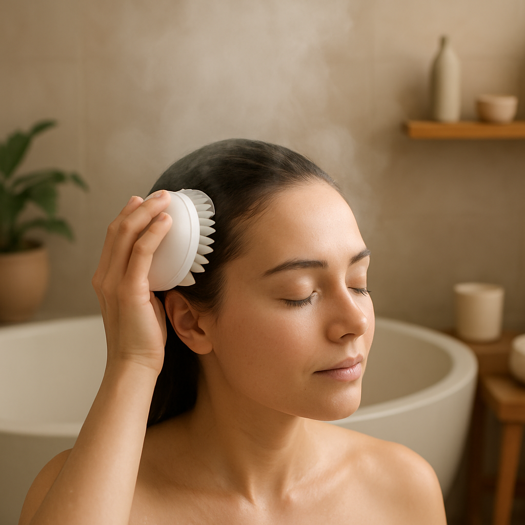 A serene bathroom scene with a person using a scalp massager, steam rising, highlighting relaxed scalp. Alt: How to use scalp massager for hair growth with complementary practices.