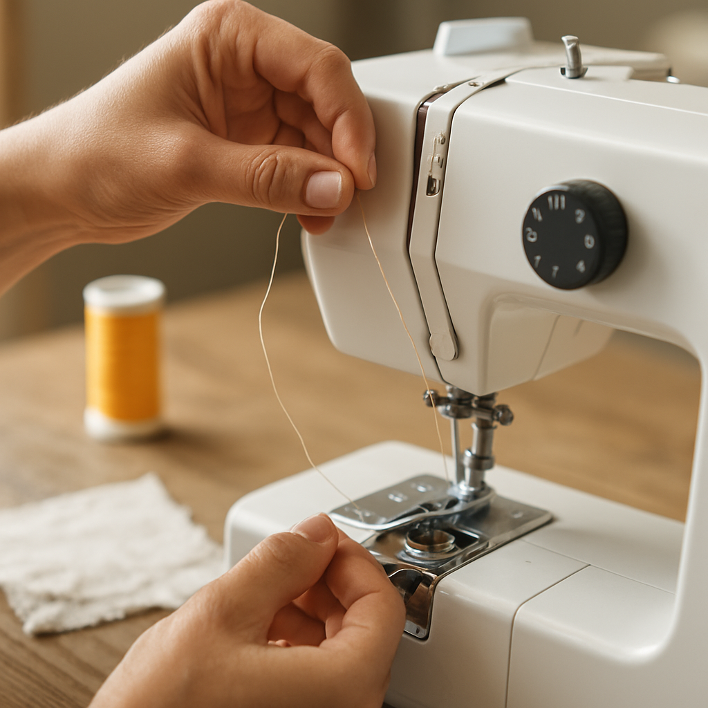A photorealistic close‑up of a beginner’s hands threading a modern sewing machine, showing the upper thread path, tension discs, and bobbin case. The scene includes a tidy workbench with a spool of bright thread, a muslin scrap, and soft natural lighting, appealing to arts‑and‑crafts hobbyists and creative entrepreneurs.