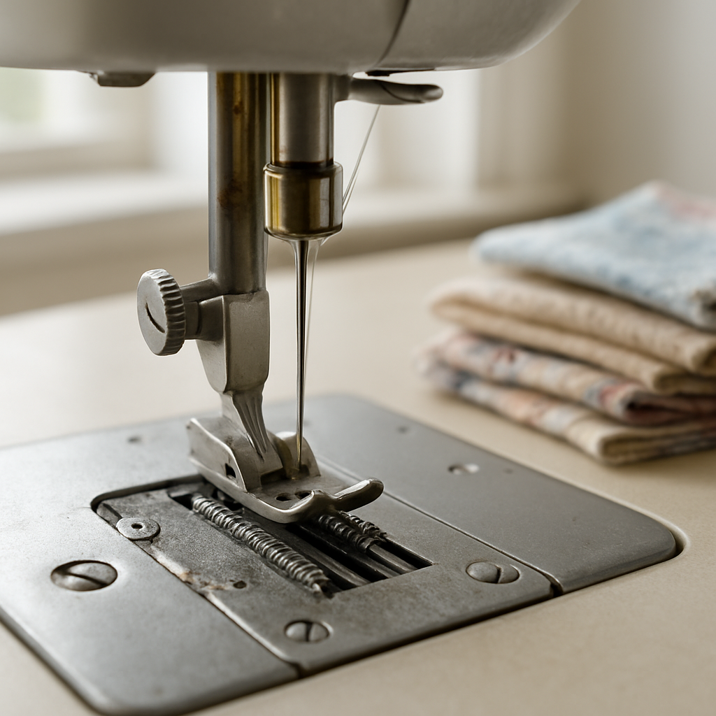 A photorealistic close‑up of a sewing machine’s interior showing clean feed dogs, a freshly oiled needle bar, and a new needle inserted, with a bright workspace and a stack of fabric scraps nearby. Alt: How to maintain a sewing machine for beginners – detailed view of cleaning and lubrication.