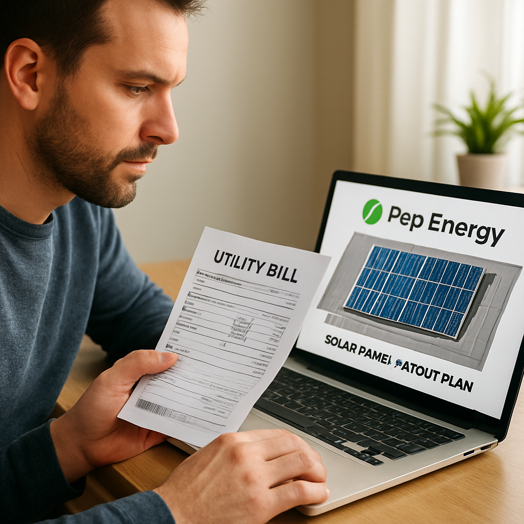 A homeowner reviewing a utility bill while a solar panel layout plan is displayed on a laptop screen. Alt: Determining energy needs for solar panel financing calculator
