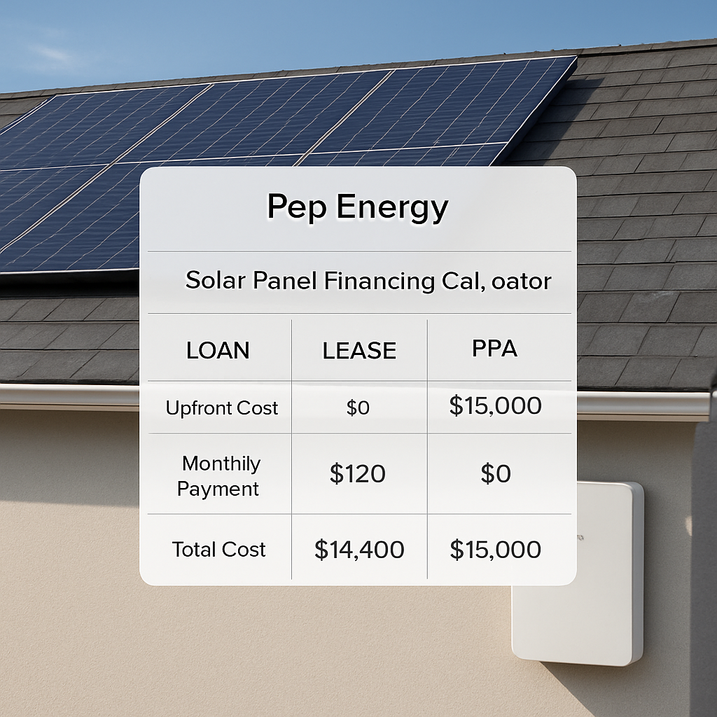 A clean, modern home roof with solar panels and a sleek battery unit visible, showing a calculator screen overlay with loan, lease, and PPA columns. Alt: solar panel financing calculator comparison chart on a residential roof.