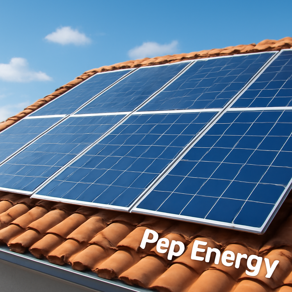 A rooftop view showing solar panels on a sunny day with a clear blue sky. Alt: Solar panels on residential roof illustration.