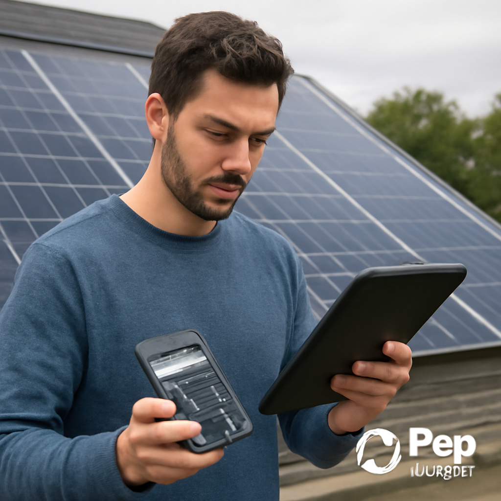 A homeowner standing next to a roof solar array, holding a calculator and looking at a tablet screen. Alt: homeowner evaluating solar installation costs on a calculator.
