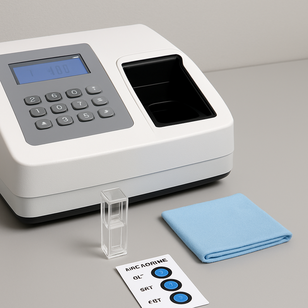 A lab bench with a spectrophotometer, a clean cuvette, a lint‑free cloth, and a humidity indicator panel. Alt: Maintaining a spectrophotometer for long‑term accuracy