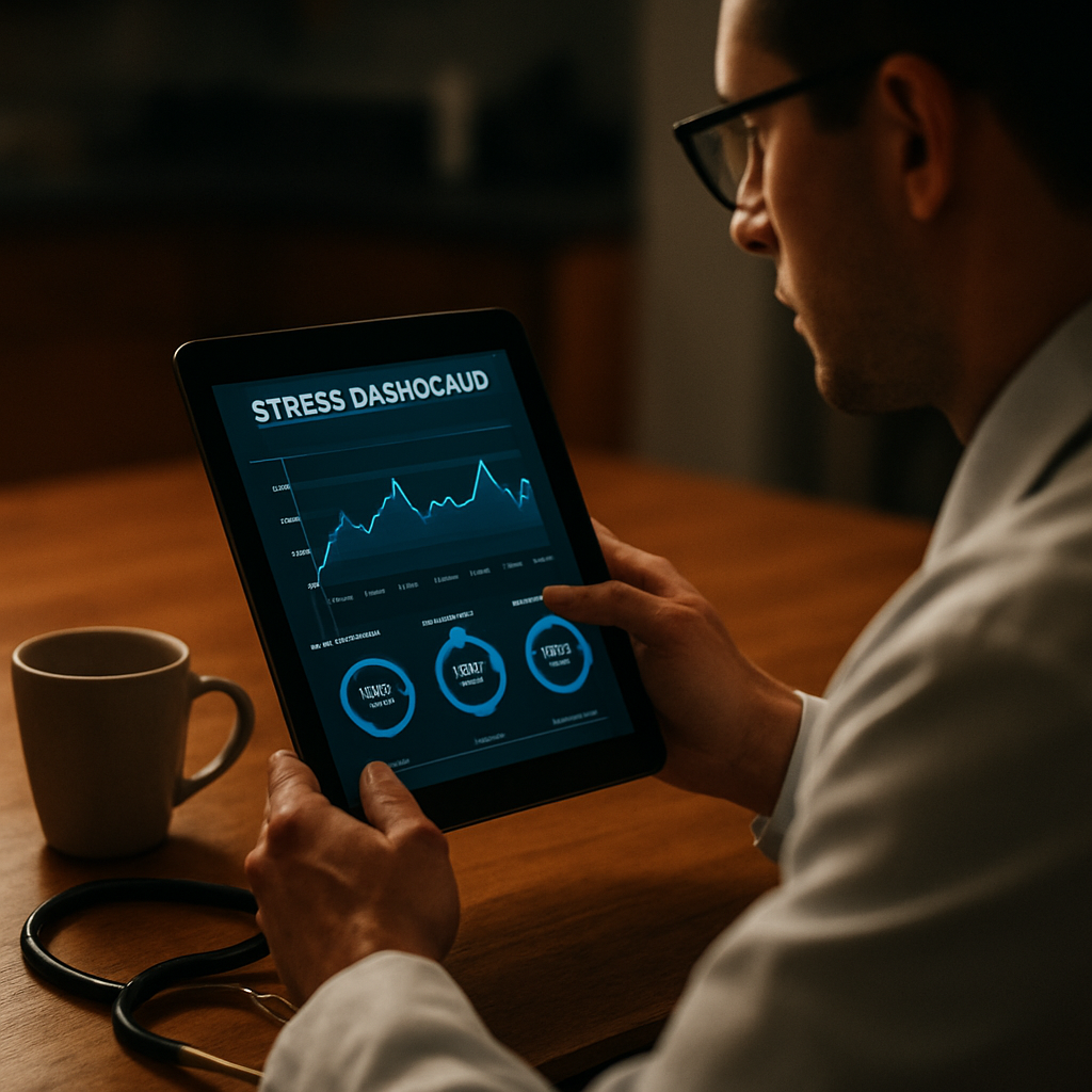 A clinician reviewing a digital stress dashboard on a tablet, with a coffee mug and a stethoscope nearby. Alt: clinician analyzing stress questionnaire results on tablet in break room.