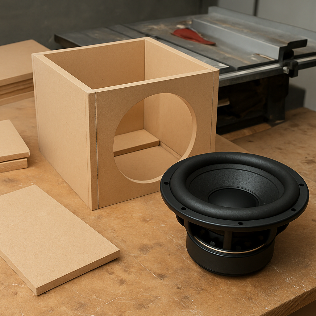 A DIY car audio workshop scene with MDF panels, a table saw, and a subwoofer driver ready to be installed. Alt: DIY subwoofer enclosure build steps with MDF and bracing