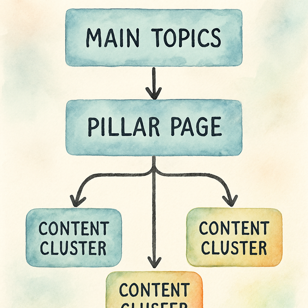 An illustrated diagram showing how a topical authority generator organizes main topics into pillar pages and content clusters. Alt: Visual representation of a topical authority generator structuring website content into themed clusters and pillars for SEO.