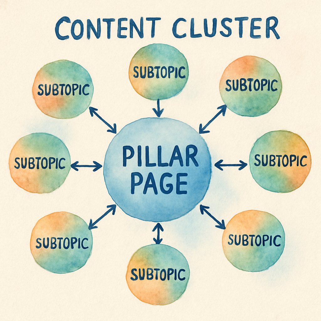 A visual representation of content clusters radiating from a central pillar page showing interconnected subtopics. Alt: Diagram illustrating a topical authority generator's content cluster and pillar page structure.