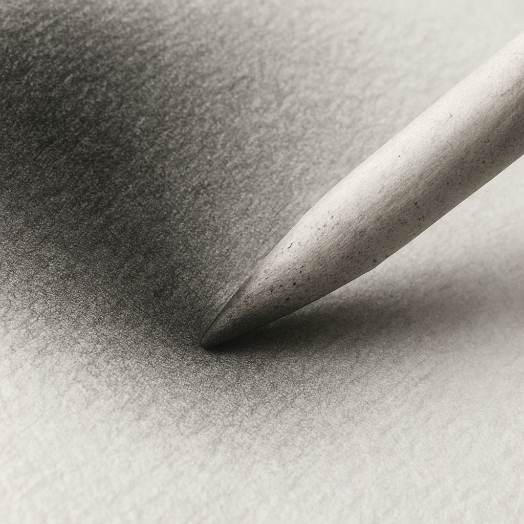 A close‑up of a tortillon tip blending charcoal on textured sketch paper, showing smooth gradient transitions. Alt: tortillon blending technique for artists