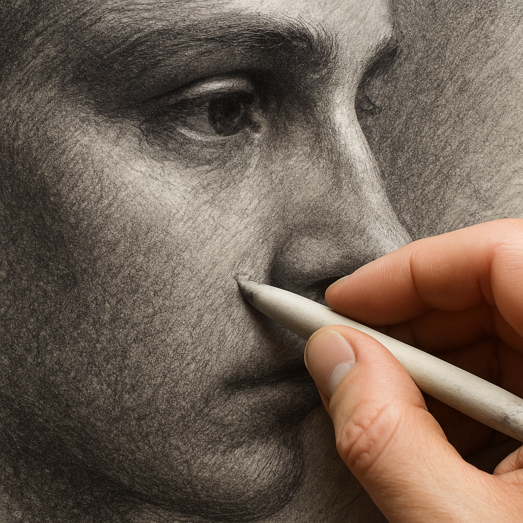 A close‑up of a hand using a tortillon to create subtle texture on a charcoal portrait. Alt: Advanced shading with tortillon