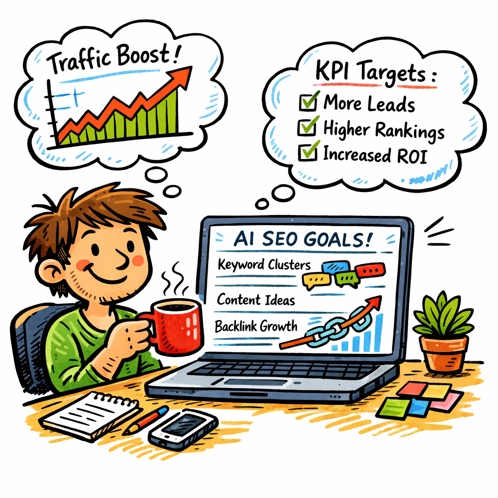 A doodle illustration of a marketer sitting at a desk, coffee mug in hand, with a laptop displaying AI‑generated SEO goals, keyword clusters, and a growing backlink graph. The scene includes thought bubbles showing traffic spikes and a checklist of KPI targets. Style: Doodle, playful, bright colors, appealing to digital marketing managers and content creators. Alt: AI‑driven SEO goal‑setting doodle.