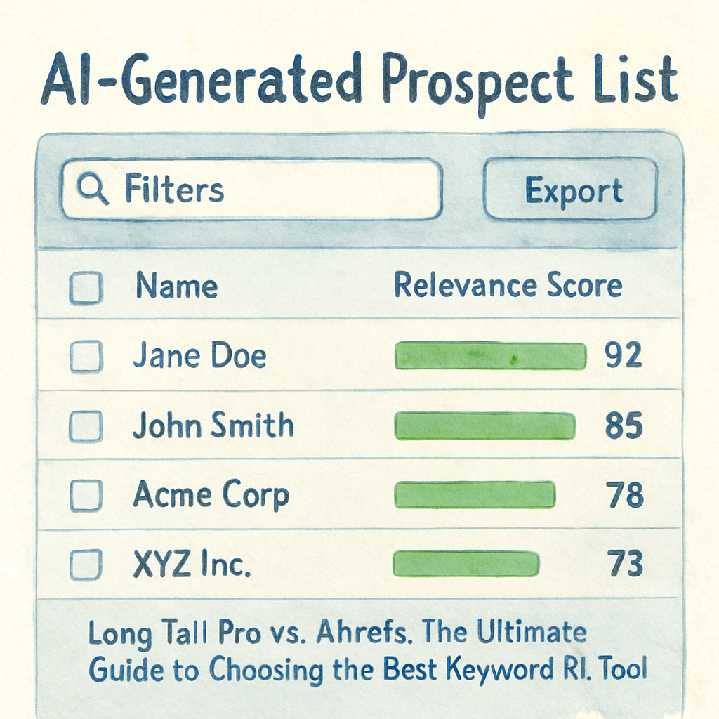 A modern dashboard showing AI‑generated prospect lists with relevance scores, filters, and export buttons. Alt: AI-powered prospecting tool dashboard for link building