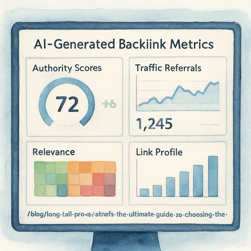 A sleek analytics dashboard showing AI‑generated backlink metrics, including authority scores, traffic referrals, and relevance heatmaps. Alt: Monitor AI link building performance with real‑time data visualizations.