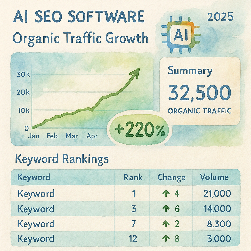 An AI-powered dashboard showing organic traffic growth and keyword rankings. Alt: AI SEO software dashboard showing organic traffic increase and keyword optimization for 2025.