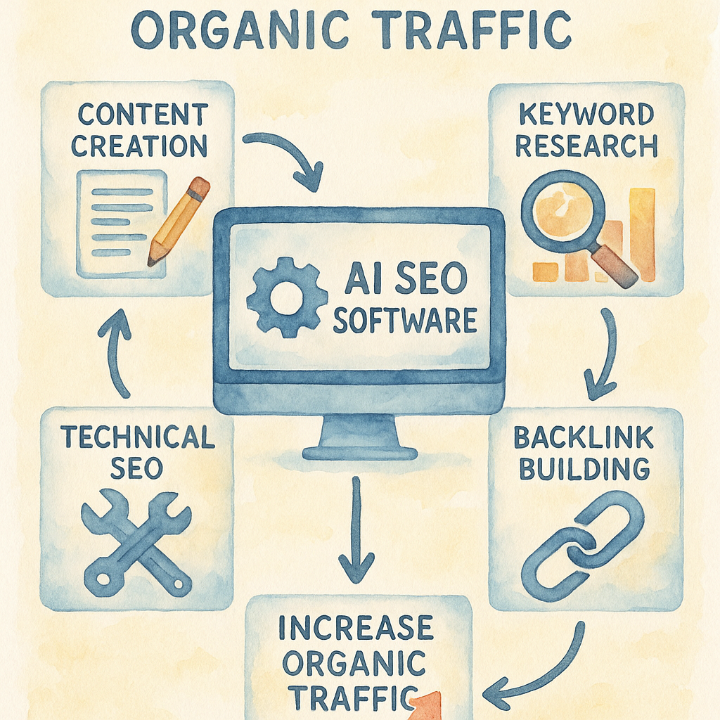 A visual workflow diagram illustrating AI SEO software automating content creation, keyword research, technical SEO, and backlink building to increase organic traffic. Alt: How to use AI SEO software to increase organic traffic workflow for 2025 successes.