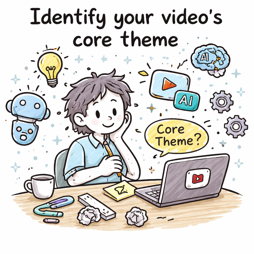 A doodle illustration of a creator sitting at a desk, brainstorming a single‑sentence core theme on a sticky note, with AI icons floating around, captioned “Identify your video’s core theme”. Alt: Identify core theme for YouTube AI title generation.