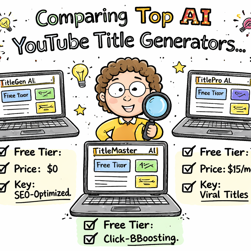A doodle illustration of a creator comparing three laptop screens, each showing a different AI title generator dashboard, with check marks for free tier, price, and key feature. Alt: Comparing top AI YouTube title generators.