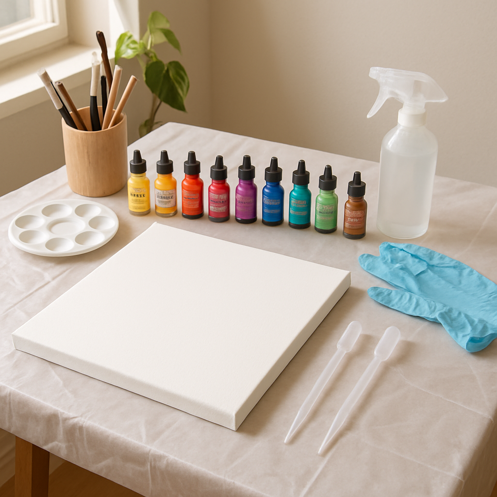 A bright, tidy artist workspace with primed canvas laid out, bottles of colorful alcohol inks, protective covering on the table, and tools like droppers and gloves ready. Alt: How to use alcohol inks on canvas - prepared canvas and organized creative workspace.