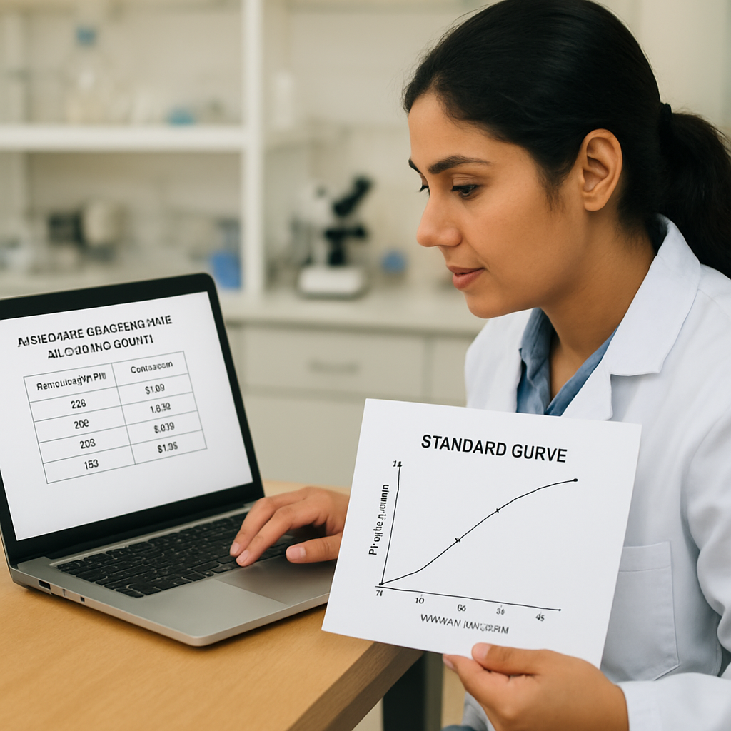 A lab technician reviewing calculator output on a laptop, comparing it with a printed standard curve. Alt: absorbance to concentration calculator output verification guide