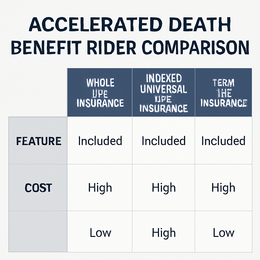 A comparison chart graphic showing different life insurance products with accelerated death benefit rider features and costs. Alt: Accelerated death benefit rider comparison across whole life, indexed universal life, term life, and group life insurance.