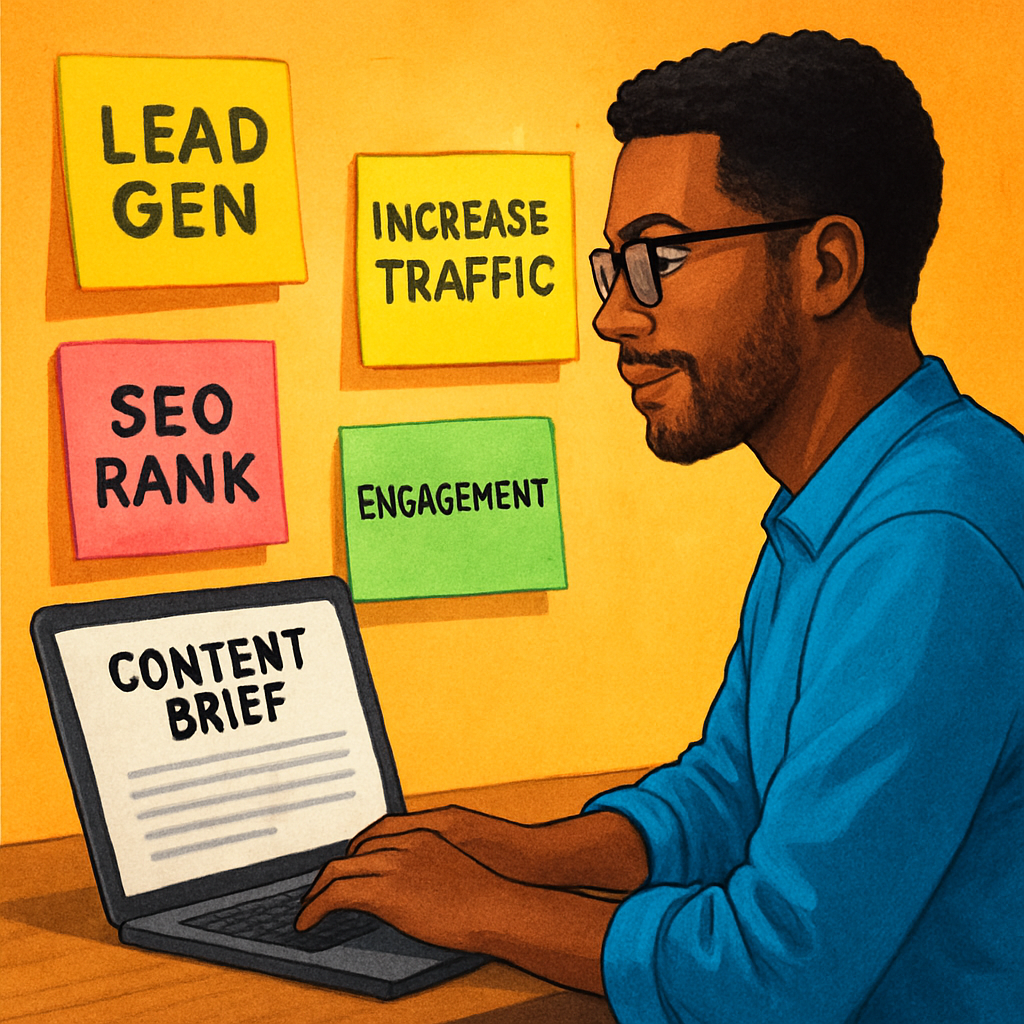 An AI‑generated illustration of a marketer writing a brief on a laptop, surrounded by sticky notes with goals like "lead gen" and "SEO rank", bright colour palette, alt: "Define content goals for AI article writer"