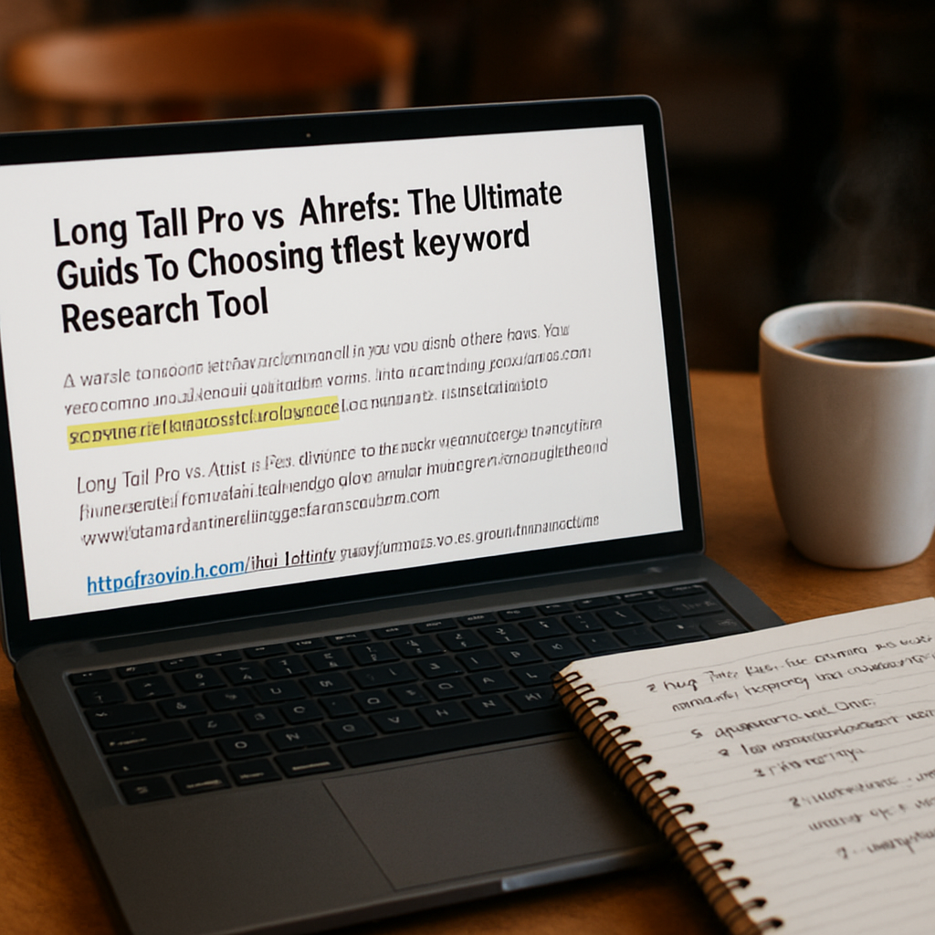 A coffee‑shop table with a laptop displaying a highlighted AI‑generated draft, a notebook with handwritten edit notes, and a steaming mug. Alt: Reviewing and editing an AI article writer draft on a laptop.