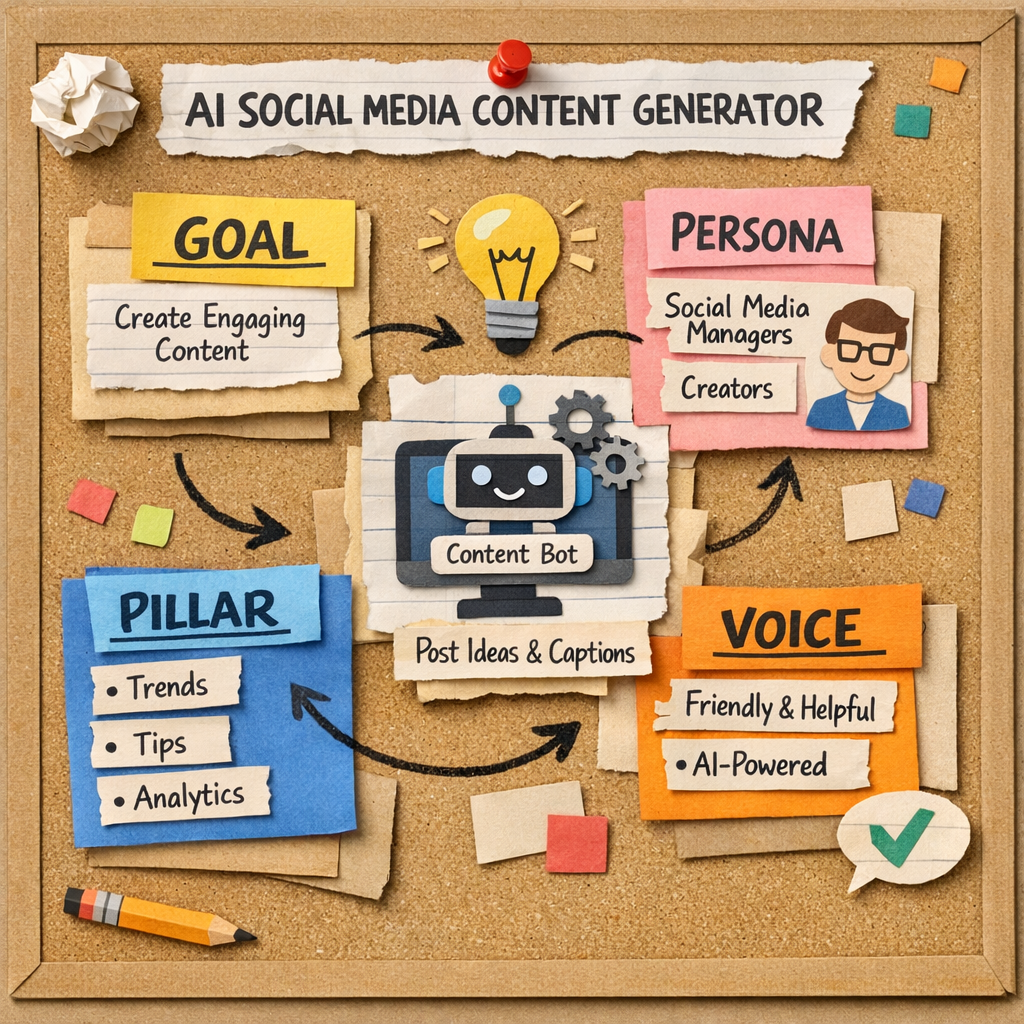 Papercraft illustration of a tabletop brainstorming board with colorful sticky notes labeled "Goal," "Persona," "Pillar," and "Voice," connected by hand‑drawn arrows, conveying the steps of defining a content strategy for an AI social media content generator. Alt: AI social media content generator strategy board papercraft