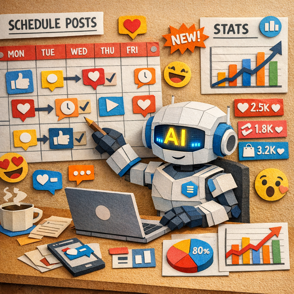 A Papercraft meme-style illustration of an AI robot scheduling social posts on a calendar, with emojis and metric charts, targeting digital marketers and e‑commerce owners. Alt: AI social media content generator automates posting and shows performance metrics.
