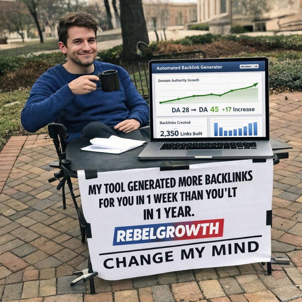 A photorealistic scene of a laptop screen displaying an automated backlink generator dashboard, with charts showing rising domain authority, a coffee mug beside the keyboard, and a calm office background. Alt: Automatic backlink generator dashboard showing growth metrics.