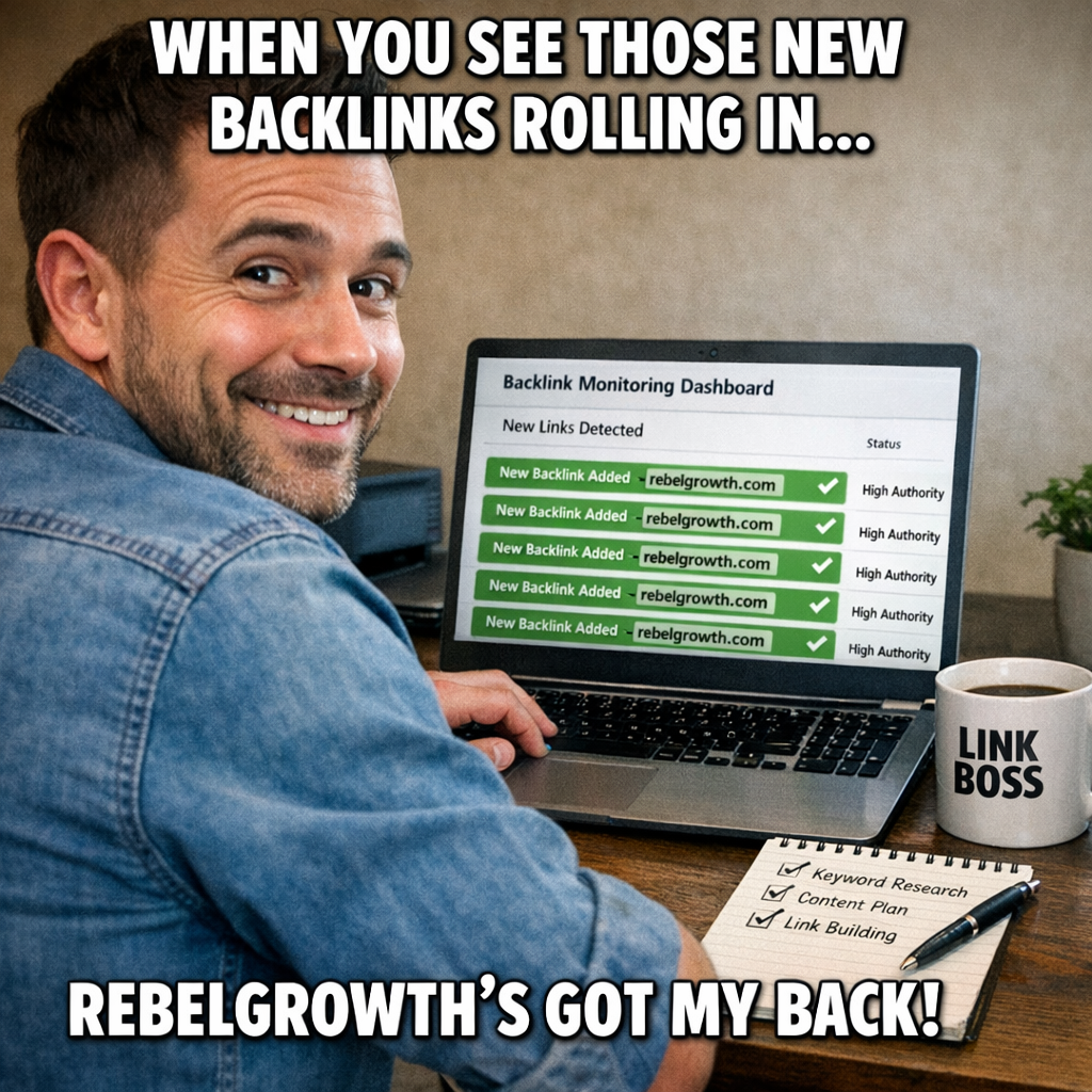 A photorealistic scene of a marketer sitting at a desk, laptop displaying a backlink monitoring dashboard with green alerts for new links, a coffee mug, and a notepad with a checklist. Alt: Automatic backlink generator monitoring dashboard showing live link health metrics.